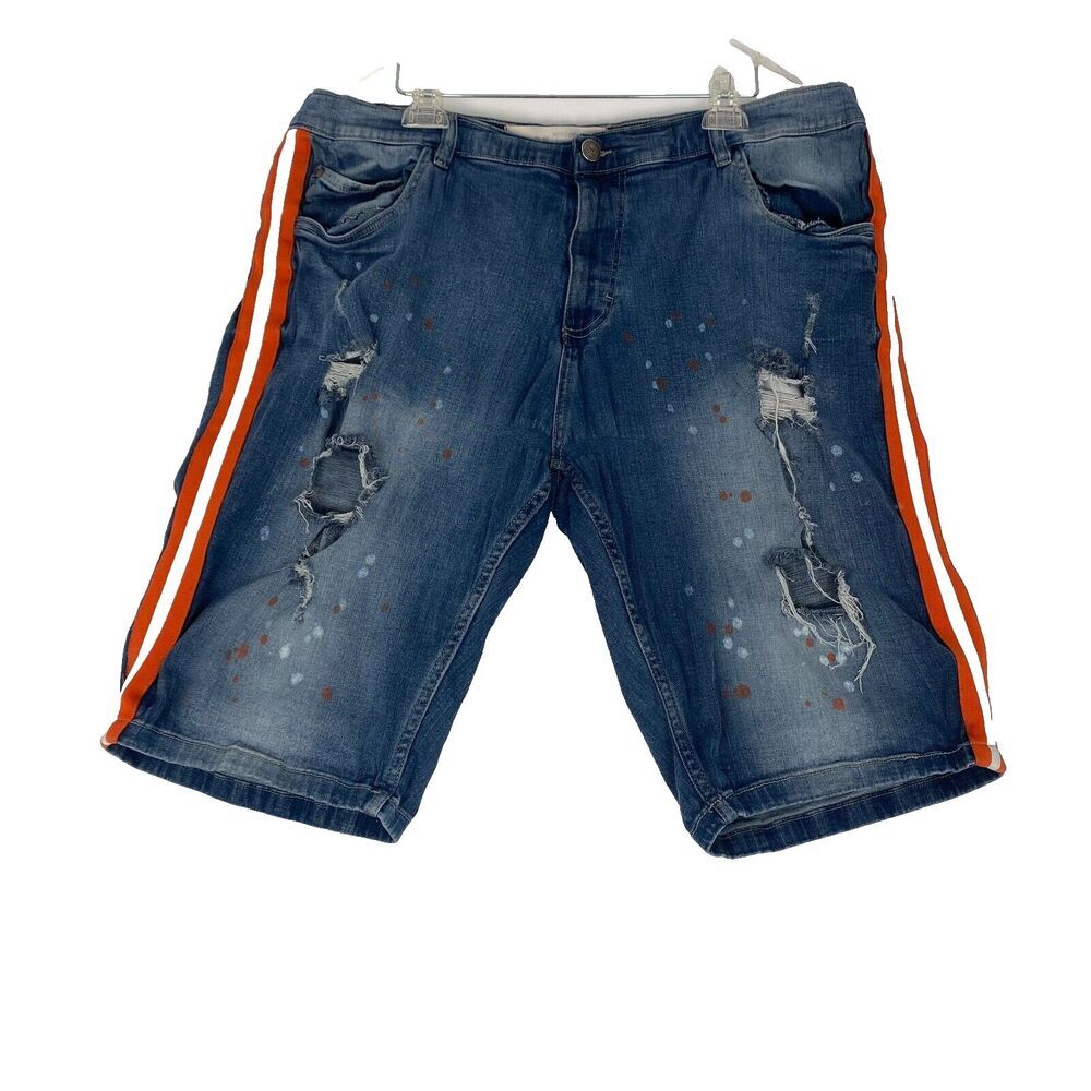 Spark‎ Jean Shorts Mens SZ 42 Blue Medium Wash Premium Denim Orange Stripe Jorts